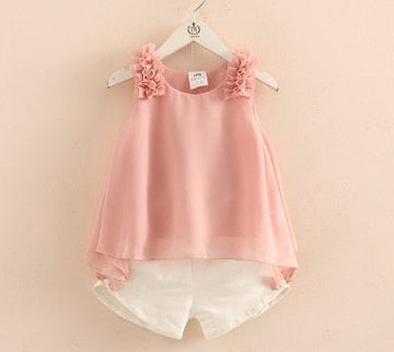 Girls Cute 2Pc Ruffle Shoulders Sleeveless Top and Shorts Set